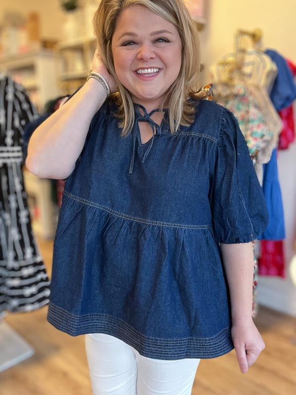 "Dainty in Denim" Plus Size Peplum Top