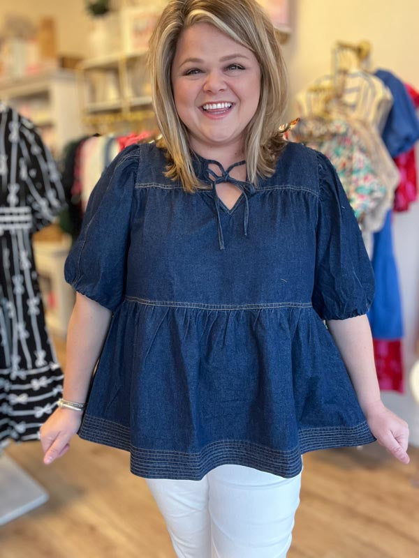 "Dainty in Denim" Plus Size Peplum Top