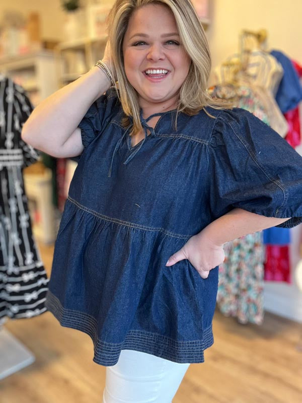 "Dainty in Denim" Plus Size Peplum Top