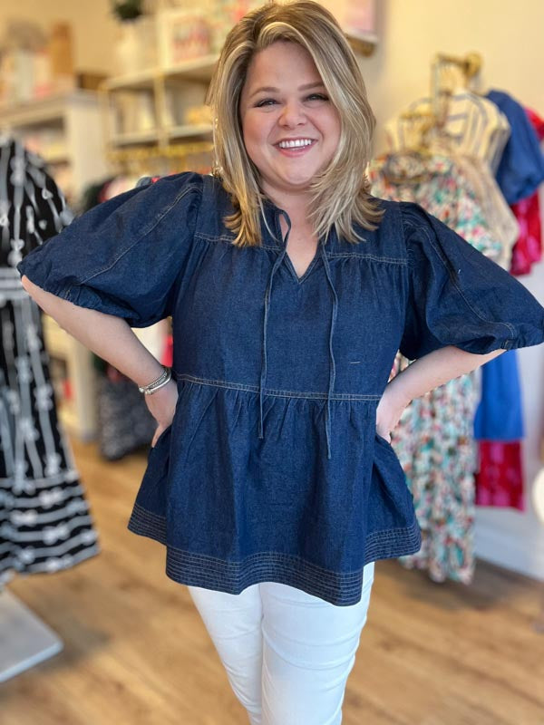 "Dainty in Denim" Plus Size Peplum Top