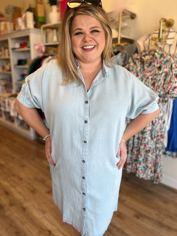 "Dancing in September" Short Sleeve Chambray Dress