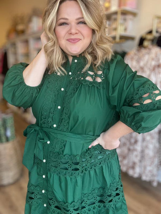 "Deck the Halls" Green Lace 3/4 Sleeve Dress