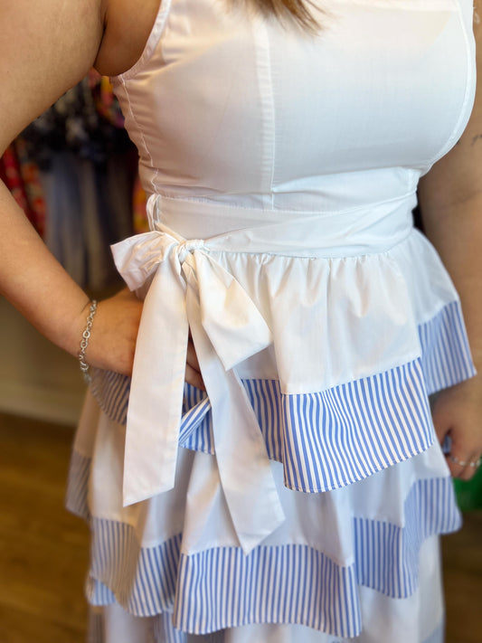 "Derby Days" White and Blue Stripe Ruffle Midi Dress