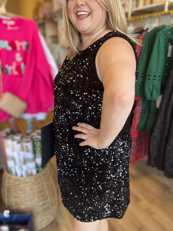 Dressed in Holiday Style Plus Size Sequin Tie Back Black Dress