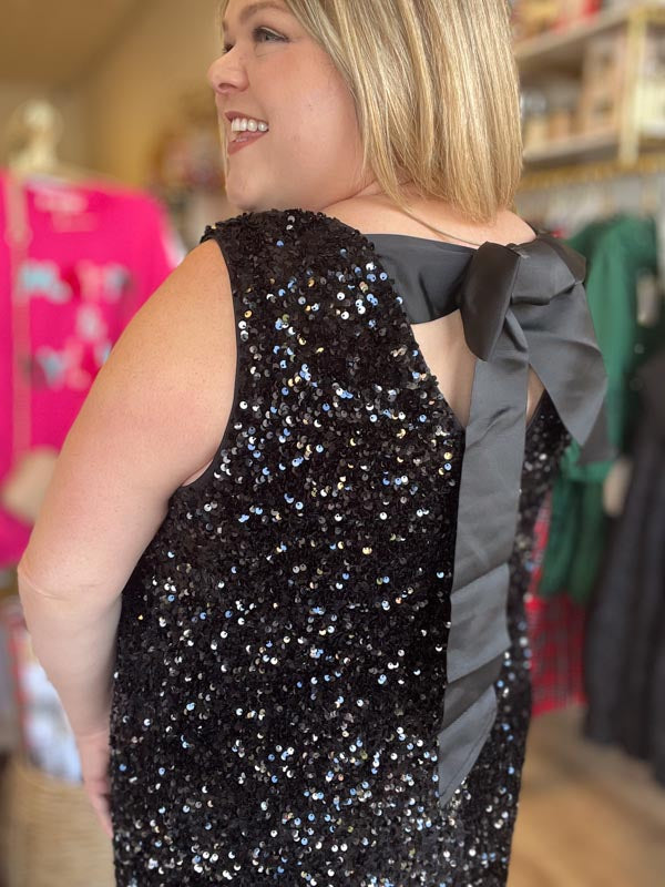 "Dressed in Holiday Style" Plus Size Sequin Tie Back Black Dress