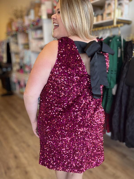 "Dressed in Holiday Style" Plus Size Wine Sequin Tie Back Dress