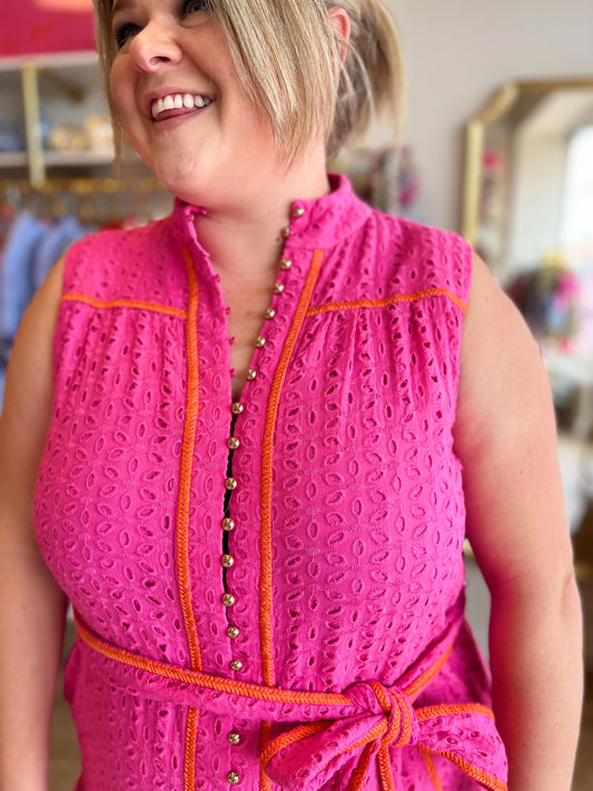 "Elegant Eyelet" Pink and Orange Button Detail Dress