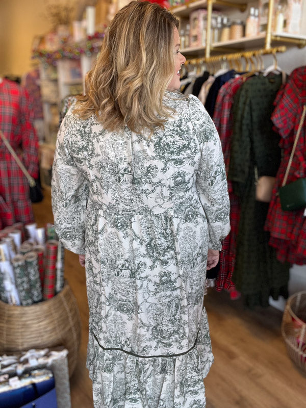 "Enchanted Winter" Green Toile Long Sleeve Midi Dress