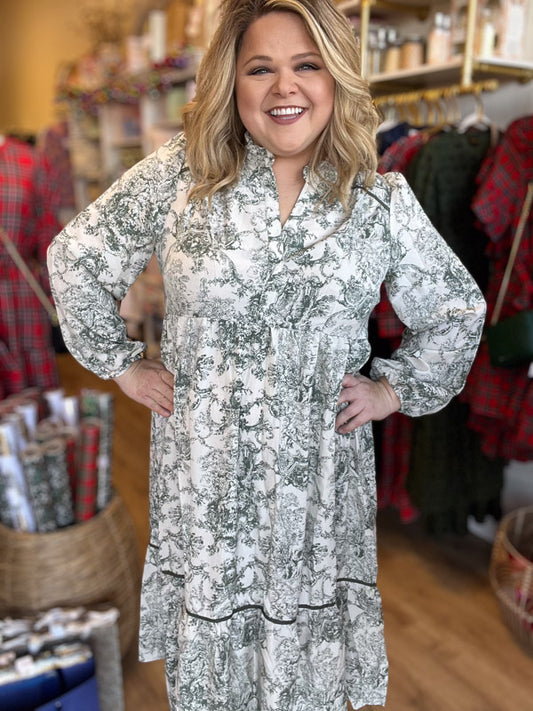 "Enchanted Winter" Green Toile Long Sleeve Midi Dress