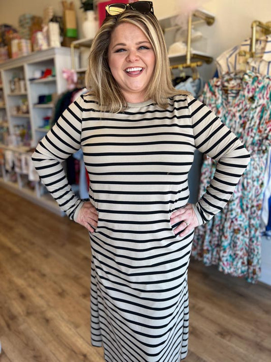 "Fall Fashionista" Long Sleeve Striped Midi Dress