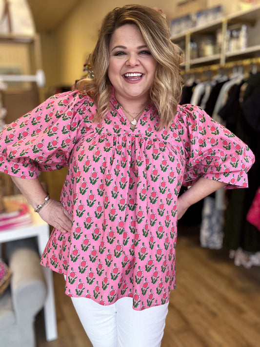 “Field of Flowers” Plus-Size Pink V-Neck Top