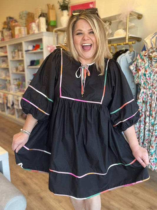 "Hey there, Pumpkin" Plus-Size Black Contrast Trim Dress