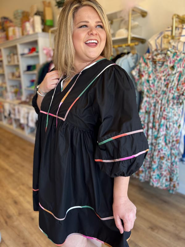 "Hey there, Pumpkin" Plus-Size Black Contrast Trim Dress