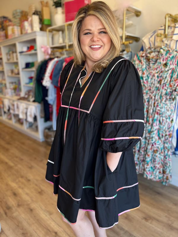 "Hey there, Pumpkin" Plus-Size Black Contrast Trim Dress