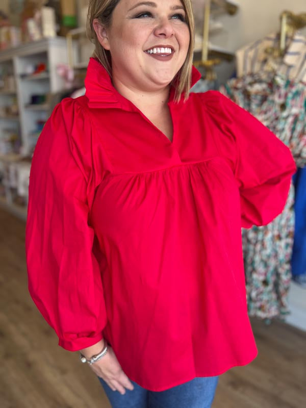 "It's Giving Grace Kelly" Plus-Size Red Ruffle Neck Blouse