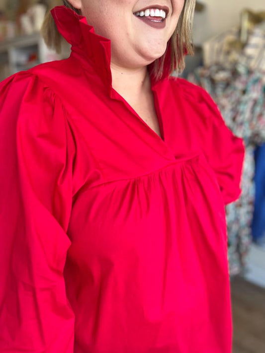 "It's Giving Grace Kelly" Plus-Size Red Ruffle Neck Blouse