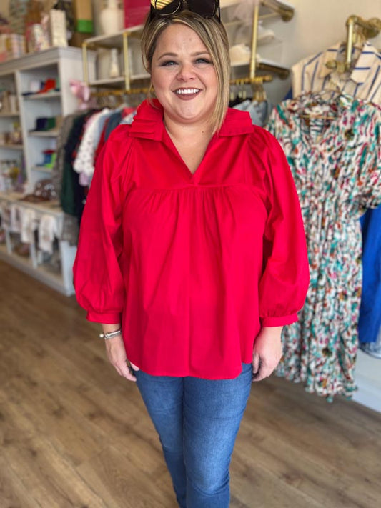 "It's Giving Grace Kelly" Plus-Size Red Ruffle Neck Blouse