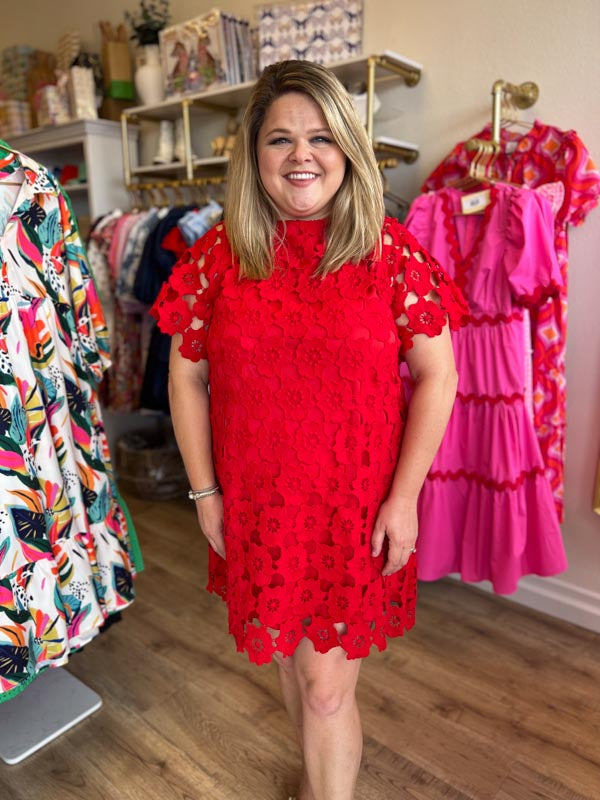 "Lady in Red" Plus Size Lace Bow Neck Dress