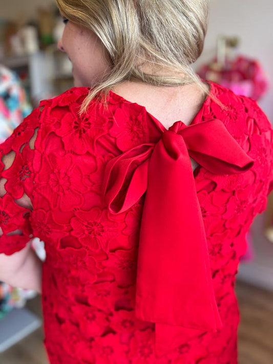 "Lady in Red" Plus Size Lace Bow Neck Dress
