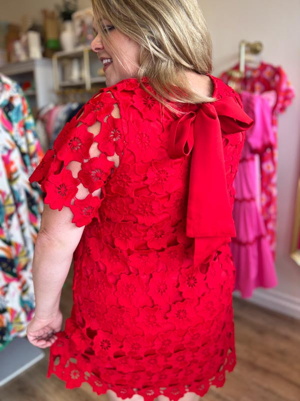 "Lady in Red" Plus Size Lace Bow Neck Dress