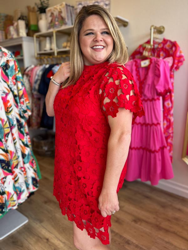 "Lady in Red" Plus Size Lace Bow Neck Dress