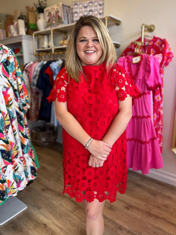 "Lady in Red" Plus Size Lace Bow Neck Dress