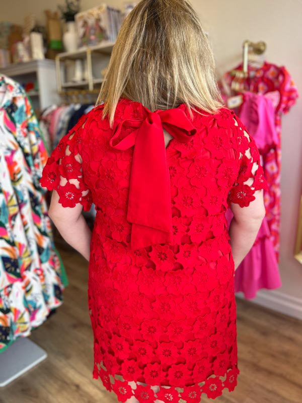 "Lady in Red" Plus Size Lace Bow Neck Dress