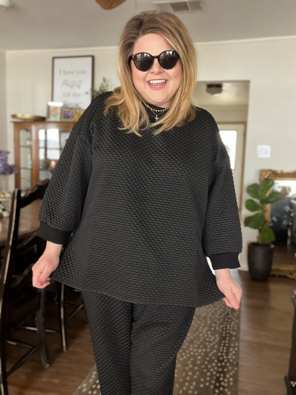 "Let's Stay In" Plus-Size Black 3/4 Sleeve Textured Set