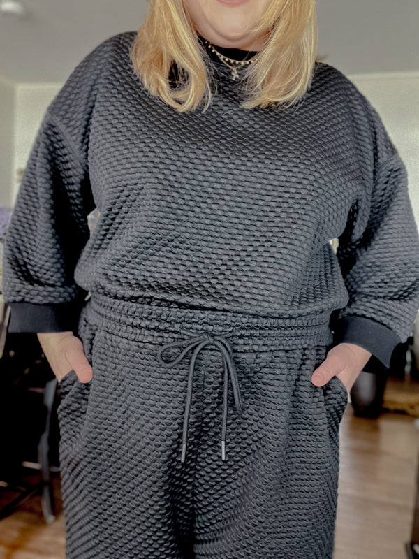 "Let's Stay In" Plus-Size Black 3/4 Sleeve Textured Set