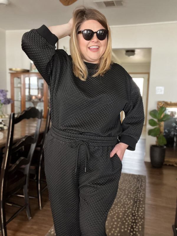 "Let's Stay In" Plus-Size Black 3/4 Sleeve Textured Set