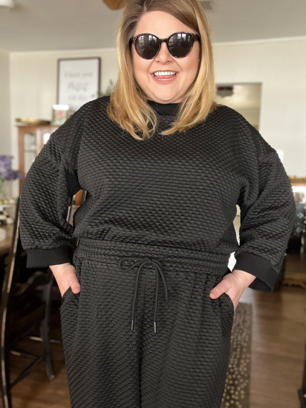 "Let's Stay In" Plus-Size Black 3/4 Sleeve Textured Set