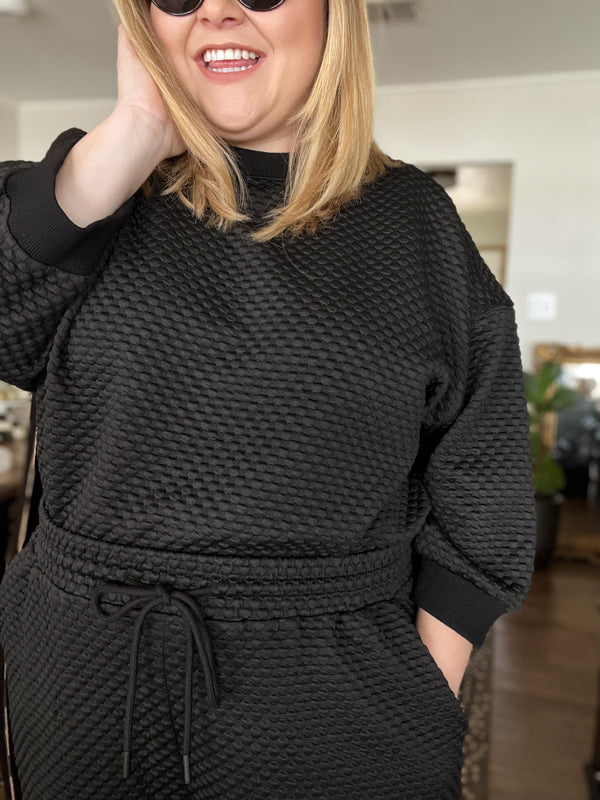 "Let's Stay In" Plus-Size Black 3/4 Sleeve Textured Set