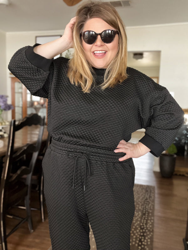 "Let's Stay In" Plus-Size Black 3/4 Sleeve Textured Set