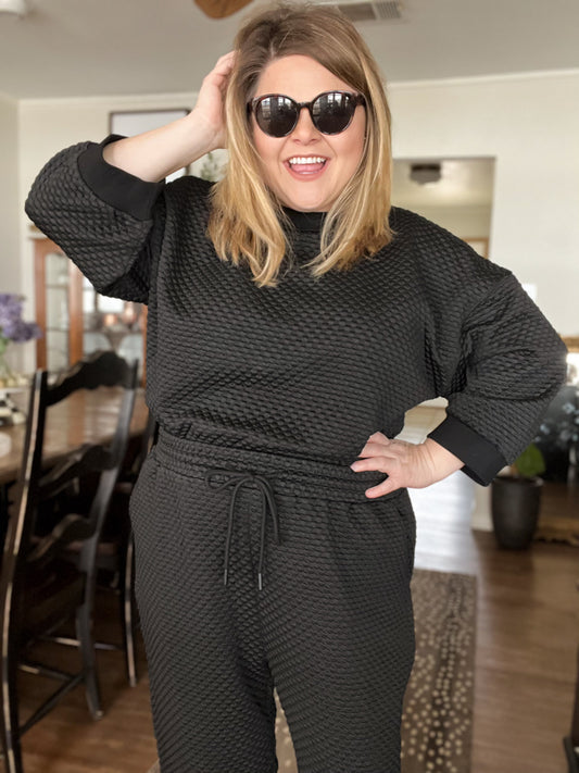 "Let's Stay In" Plus-Size Black 3/4 Sleeve Textured Set