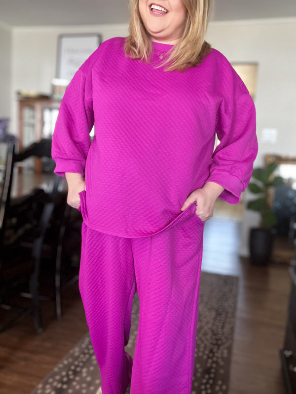 "Let's Stay In" Plus-Size Raspberry 3/4 Sleeve Textured Set