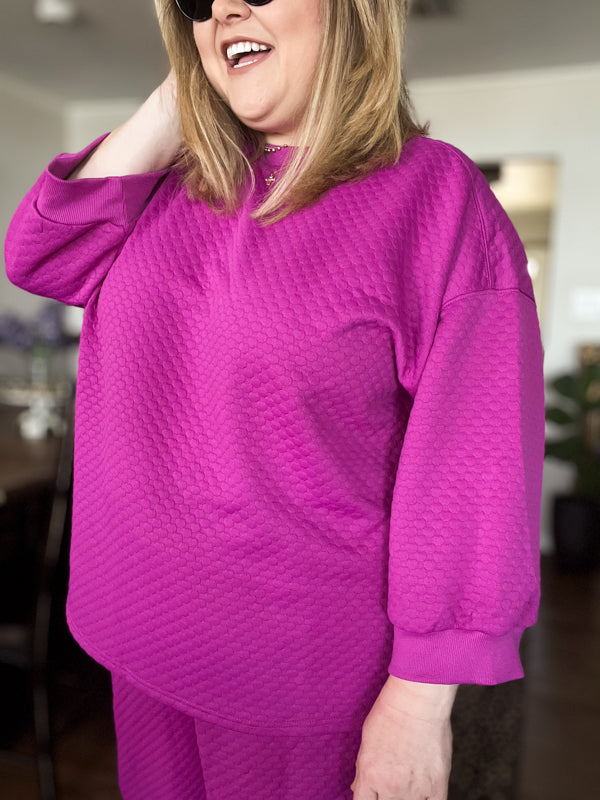 "Let's Stay In" Plus-Size Raspberry 3/4 Sleeve Textured Set