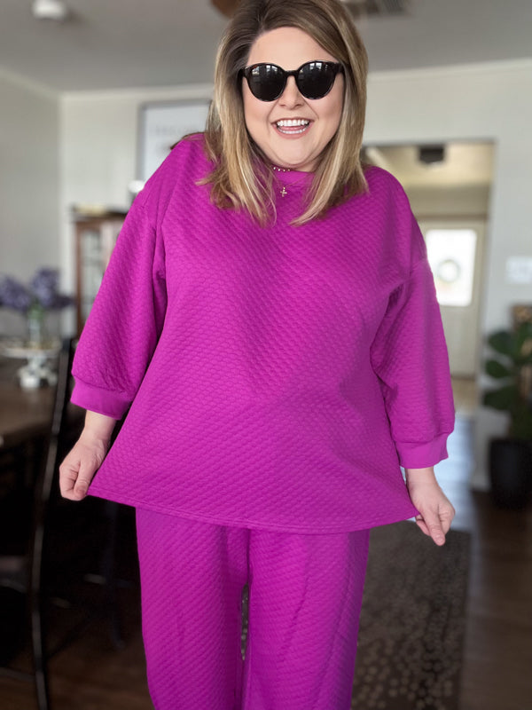 "Let's Stay In" Plus-Size Raspberry 3/4 Sleeve Textured Set