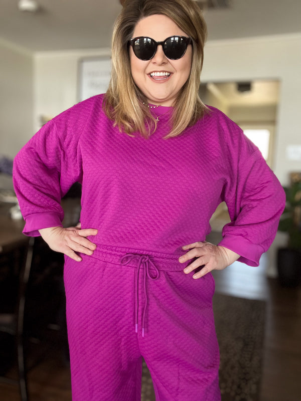 "Let's Stay In" Plus-Size Raspberry 3/4 Sleeve Textured Set