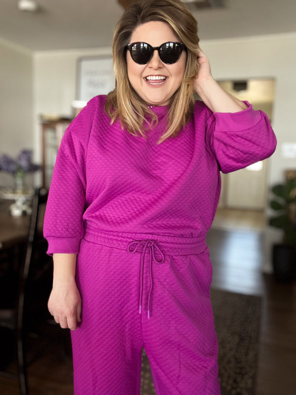 "Let's Stay In" Plus-Size Raspberry 3/4 Sleeve Textured Set