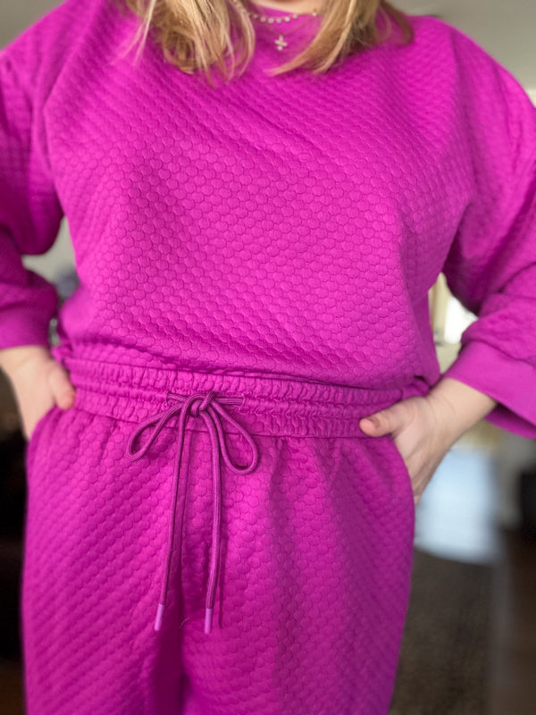 "Let's Stay In" Plus-Size Raspberry 3/4 Sleeve Textured Set