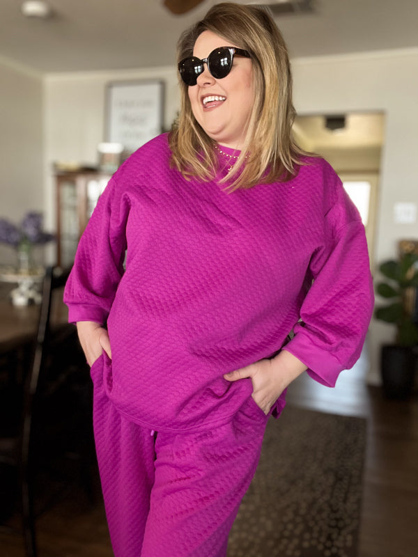 "Let's Stay In" Plus-Size Raspberry 3/4 Sleeve Textured Set