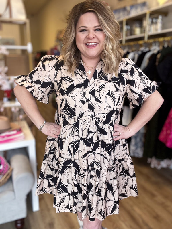 "Mama Tried" Curvy Tan & Black Floral Dress