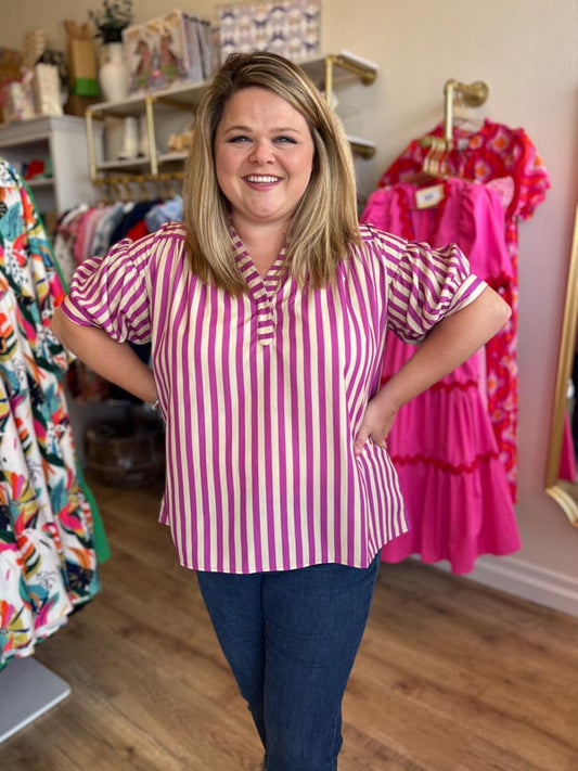 "Mauve + Mod" Striped V-Neck Top