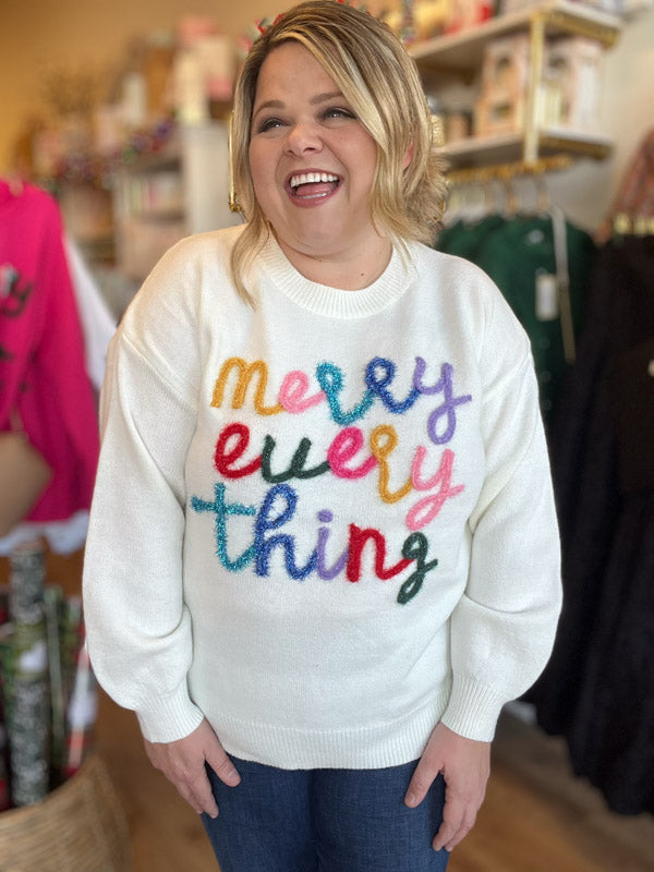 "Merry Everything" Plus Size Cream Tinsel Sweater