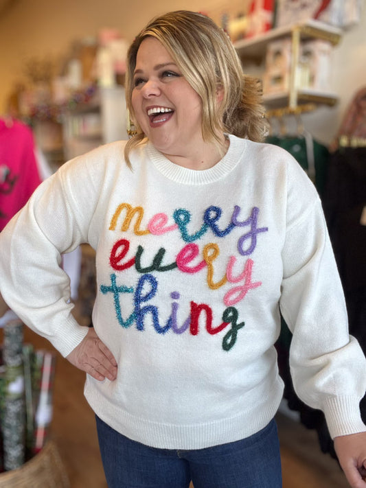 "Merry Everything" Plus Size Cream Tinsel Sweater