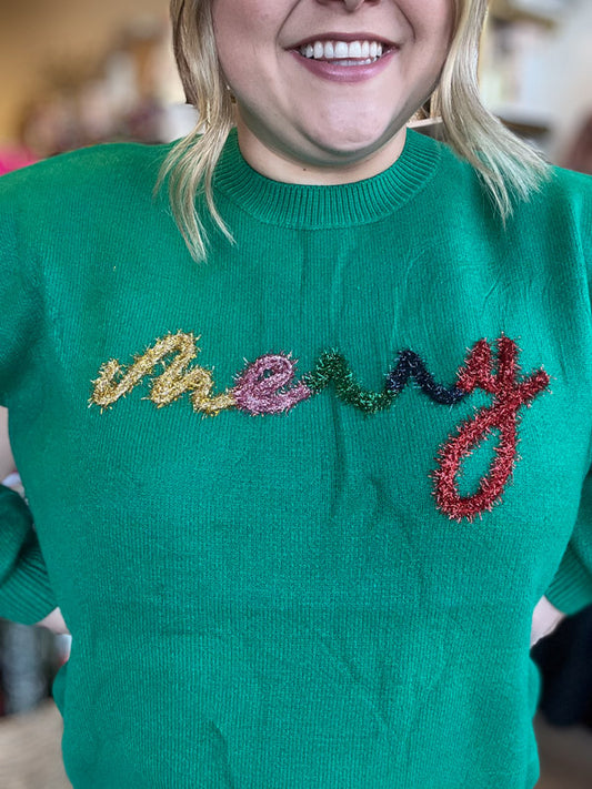 "Merry" Green Tinsel Christmas Sweater