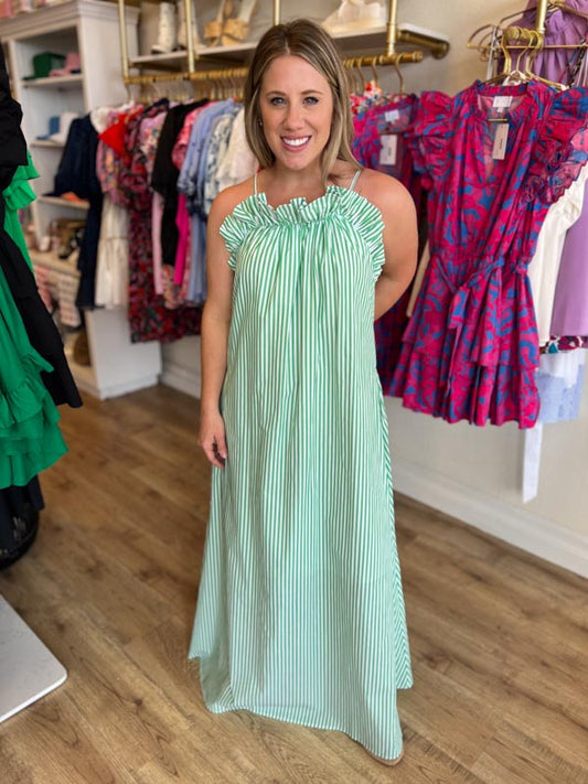 "Off to the Races" Green Stripe Poplin Ruffle Maxi Dress | KARLIE