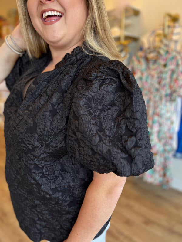 "Pop, Fizz, Clink" Plus-Size Black Jacquard Blouse