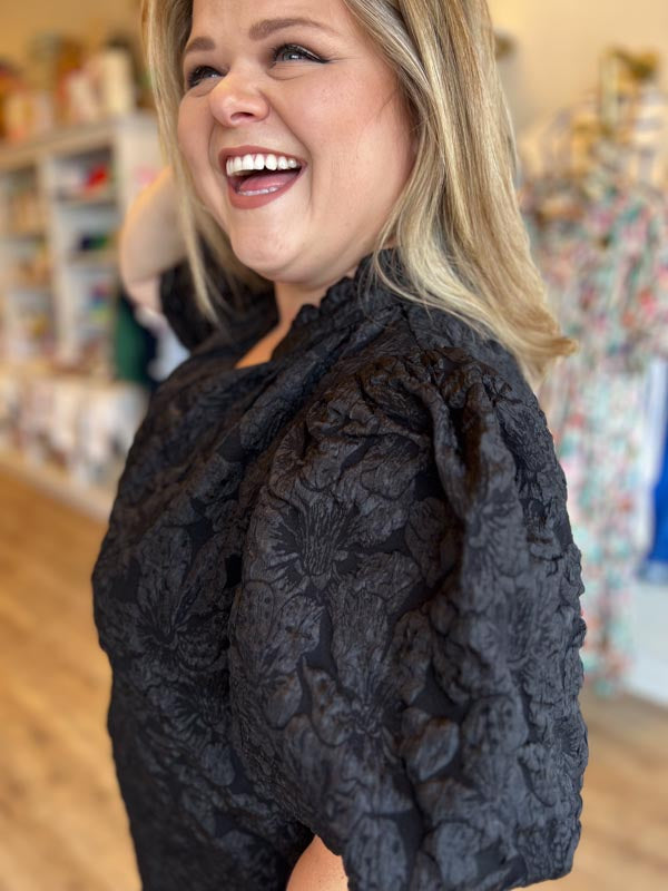 "Pop, Fizz, Clink" Plus-Size Black Jacquard Blouse