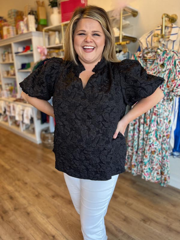 "Pop, Fizz, Clink" Plus-Size Black Jacquard Blouse